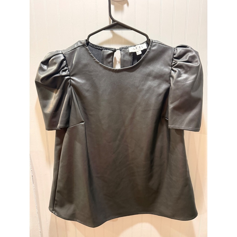 THML Black Faux Leather Puff Sleeve Keyhole Back Top Small